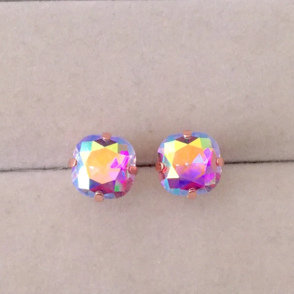 Violet Aurora Borealis + Rose Gold Cushion Cut Crystal Earrings